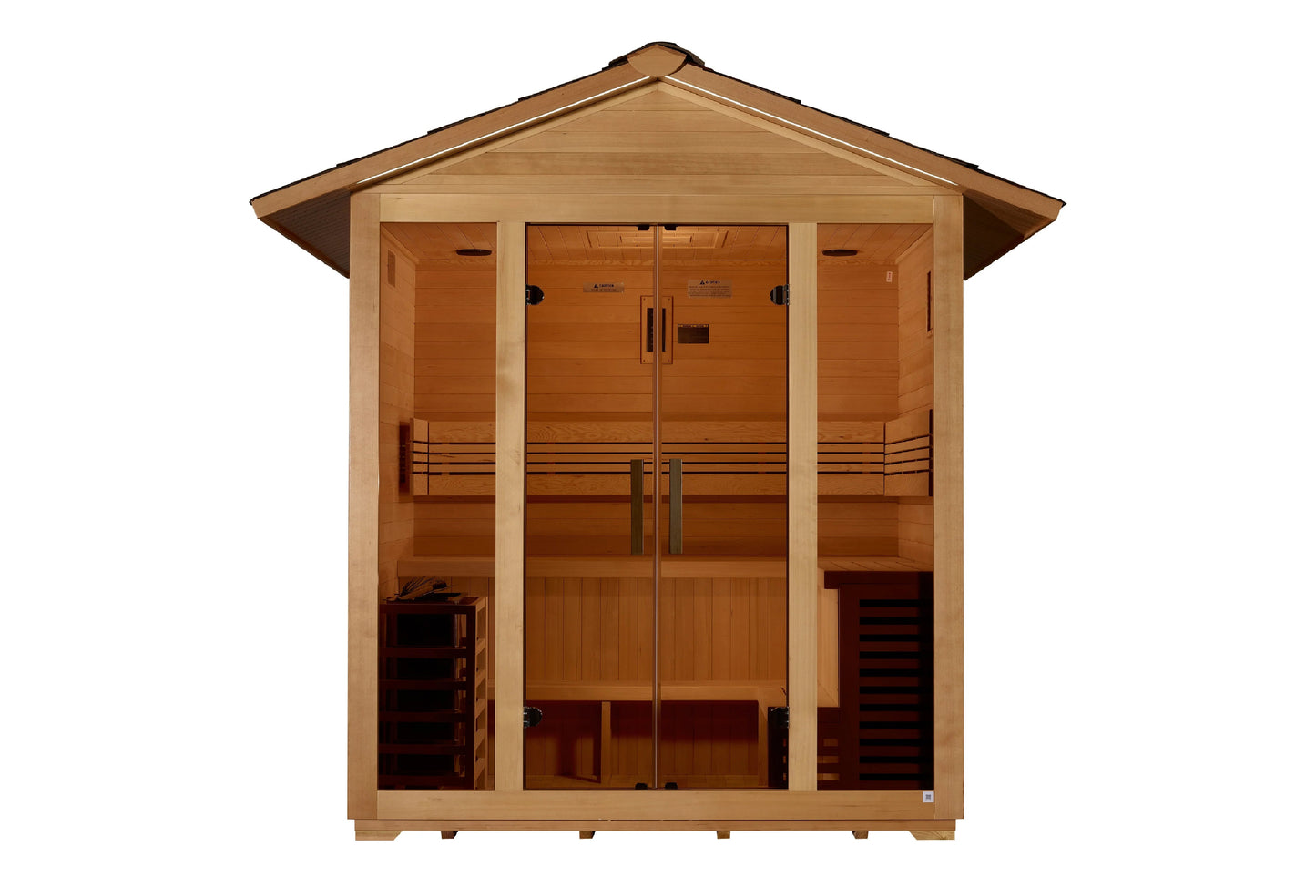 Golden Designs Vorarlberg 5-person traditional outdoor sauna with cedar wood exterior, pitched roof, glass double doors, and 