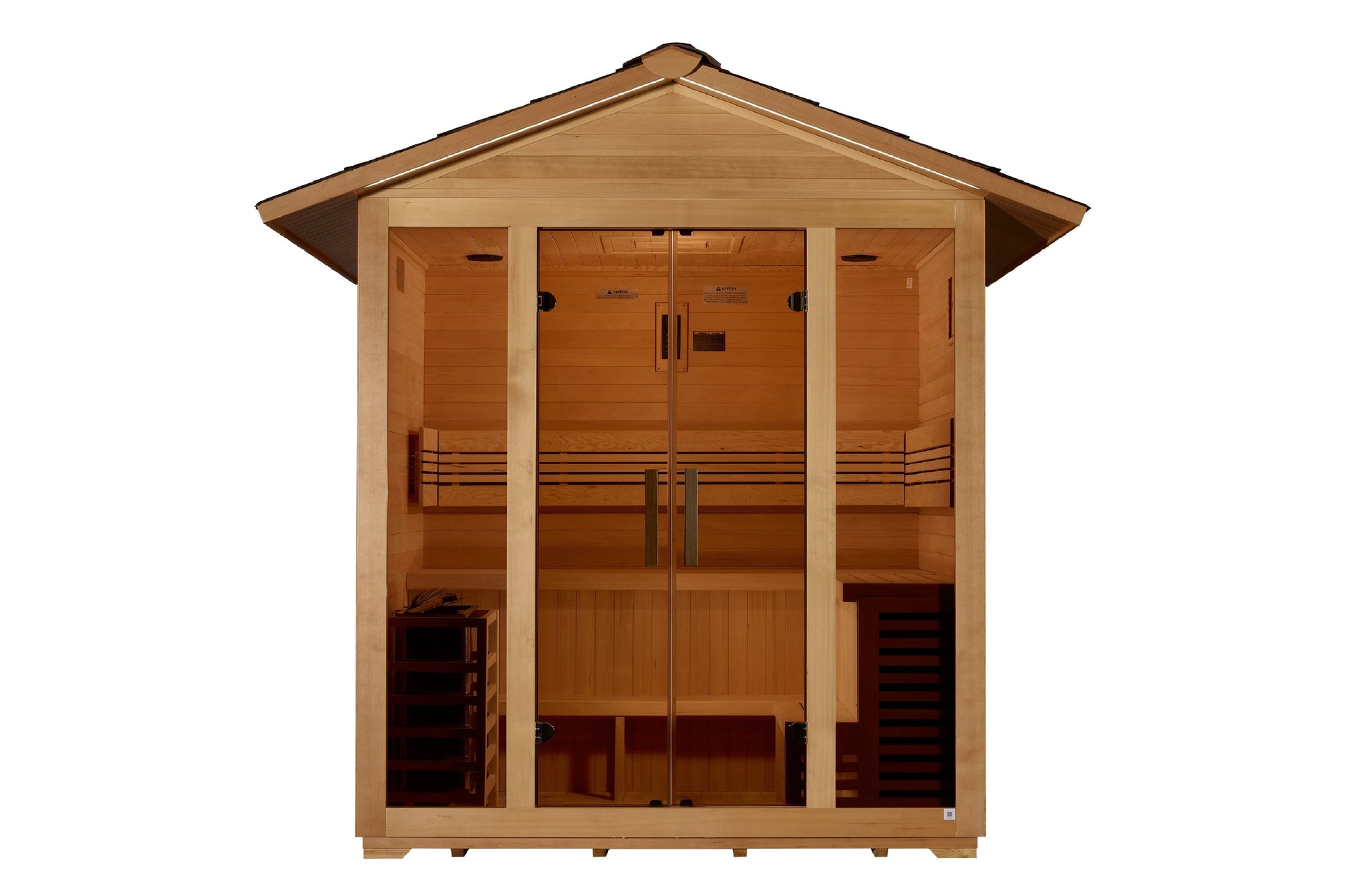 Golden Designs Vorarlberg 5-person traditional outdoor sauna with cedar wood exterior, pitched roof, glass double doors, and 