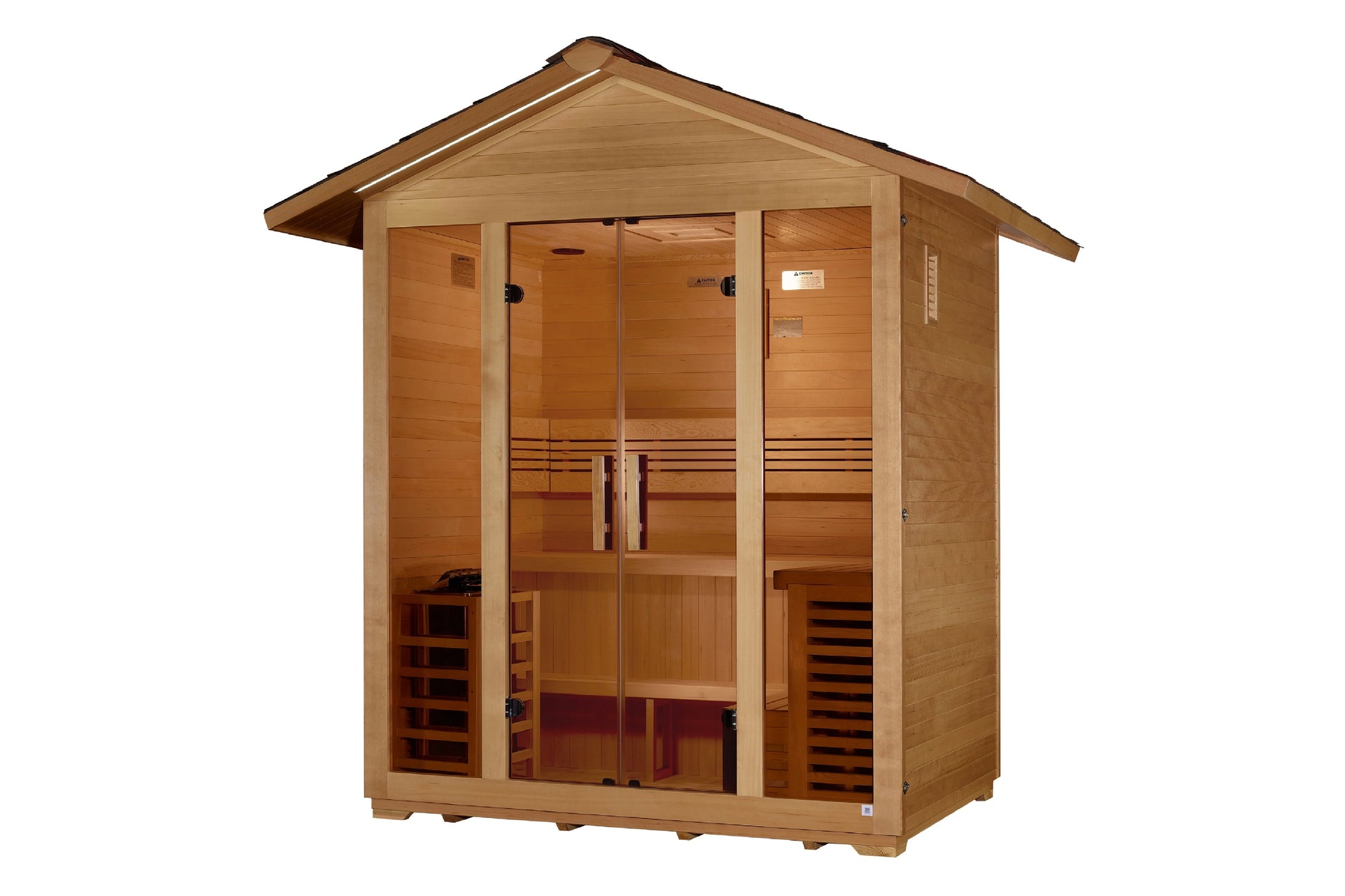 Golden Designs Vorarlberg 5-person traditional outdoor sauna with natural cedar wood construction, glass front door, and peak