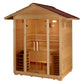Golden Designs Vorarlberg 5-person outdoor sauna with cedar wood construction, pitched roof, glass front doors, and interior 