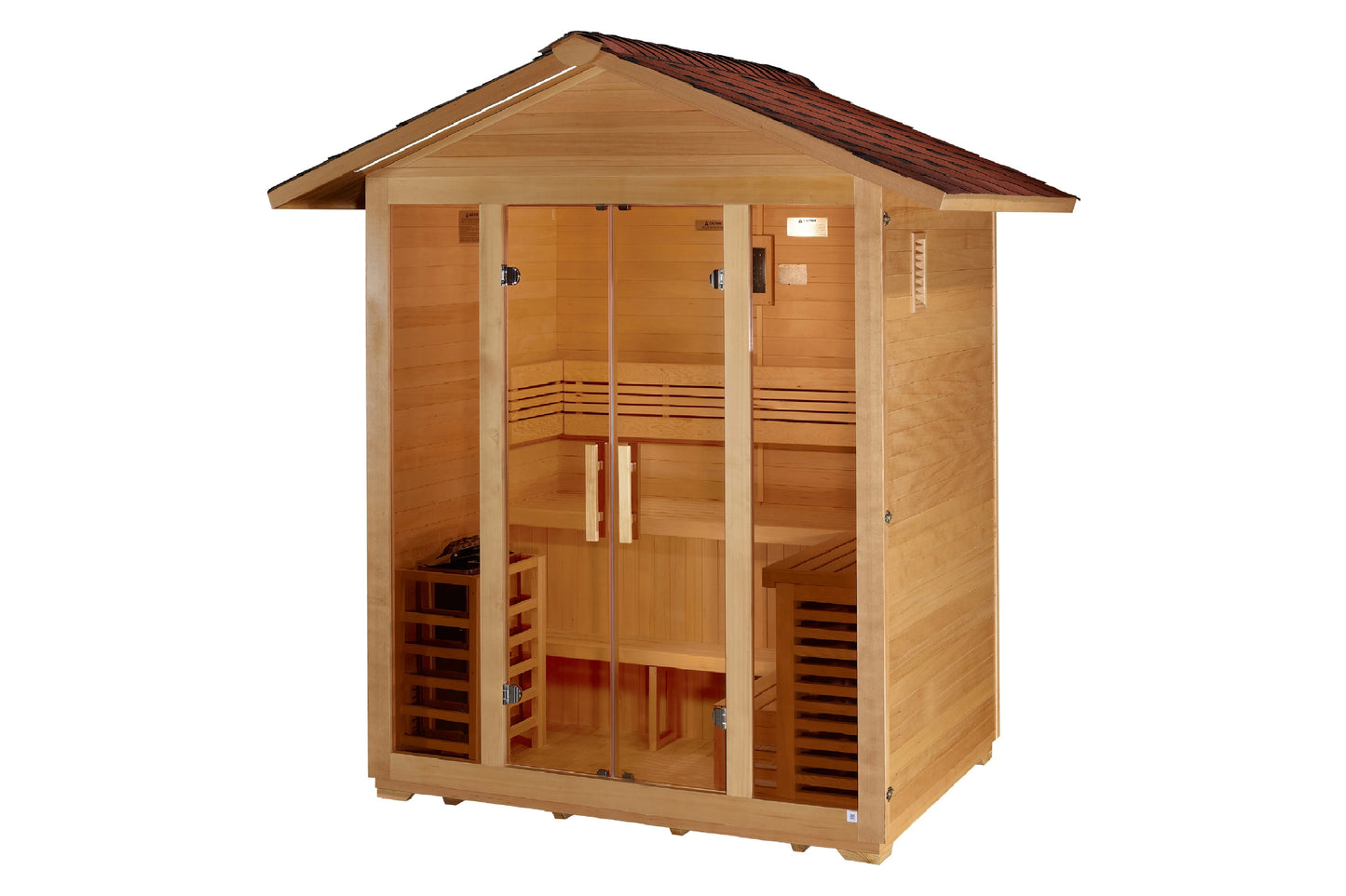 Golden Designs Vorarlberg 5-person outdoor sauna with cedar wood construction, pitched roof, glass front doors, and interior 