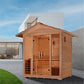 Golden Designs Vorarlberg 5-person outdoor sauna with cedar wood exterior, glass doors, and pitched roof in residential patio