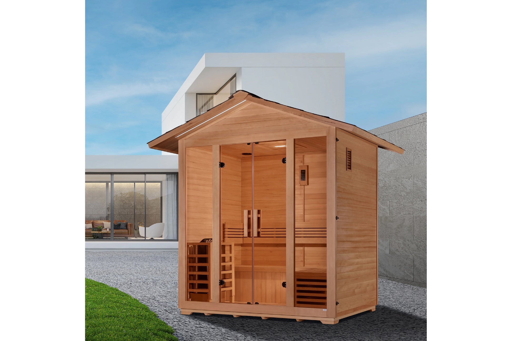 Golden Designs Vorarlberg 5-person outdoor sauna with cedar wood exterior, glass doors, and pitched roof in residential patio