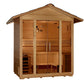 Cedar wood sauna cabin with pitched roof, glass front doors, bench seating, and interior heater visible on white background