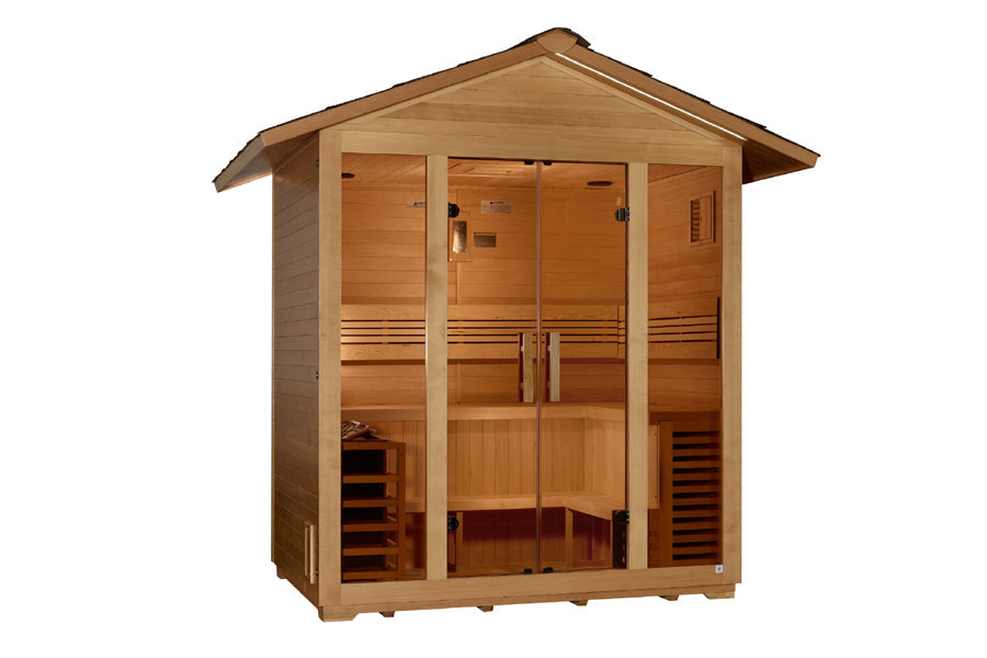 Cedar wood sauna cabin with pitched roof, glass front doors, bench seating, and interior heater visible on white background