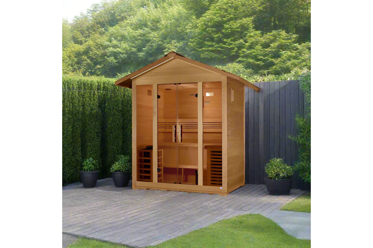 Golden Designs Vorarlberg cedar wood outdoor sauna with glass front doors and peaked roof, displayed in backyard setting