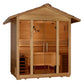 Golden Designs Vorarlberg 5-person traditional outdoor sauna with cedar wood construction, glass doors, and peaked roof on wh