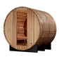Golden Designs Zurich barrel sauna with light wood construction, open door showing interior benches, mounted on black base ag