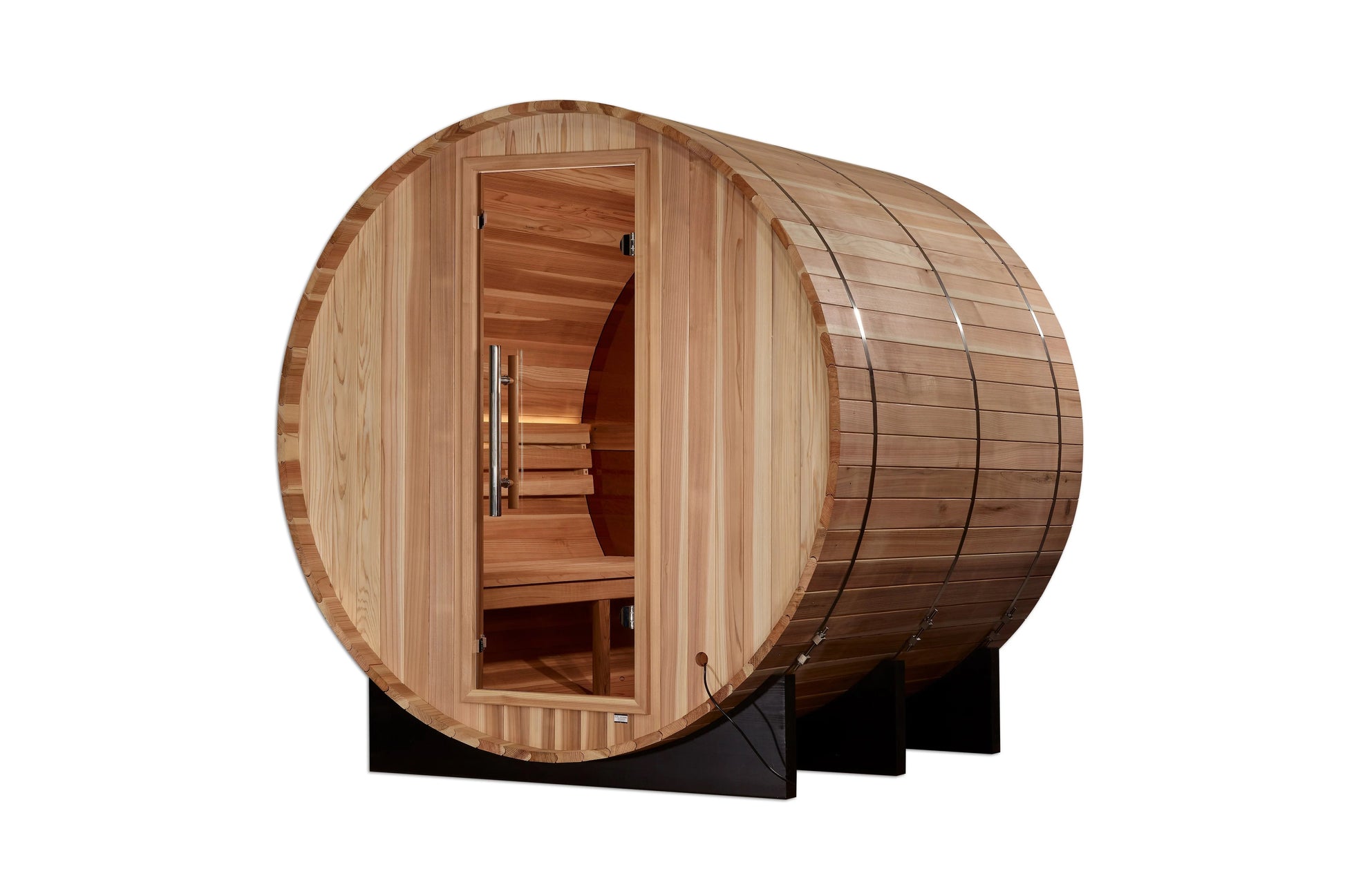 Golden Designs Zurich barrel sauna with light wood construction, open door showing interior benches, mounted on black base ag