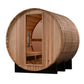 Golden Designs Zurich barrel sauna with light wood construction, open door showing interior benches, on white background