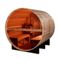 Golden Designs Zurich barrel sauna with cedar wood construction, open door showing interior benches and stove, mounted on bla
