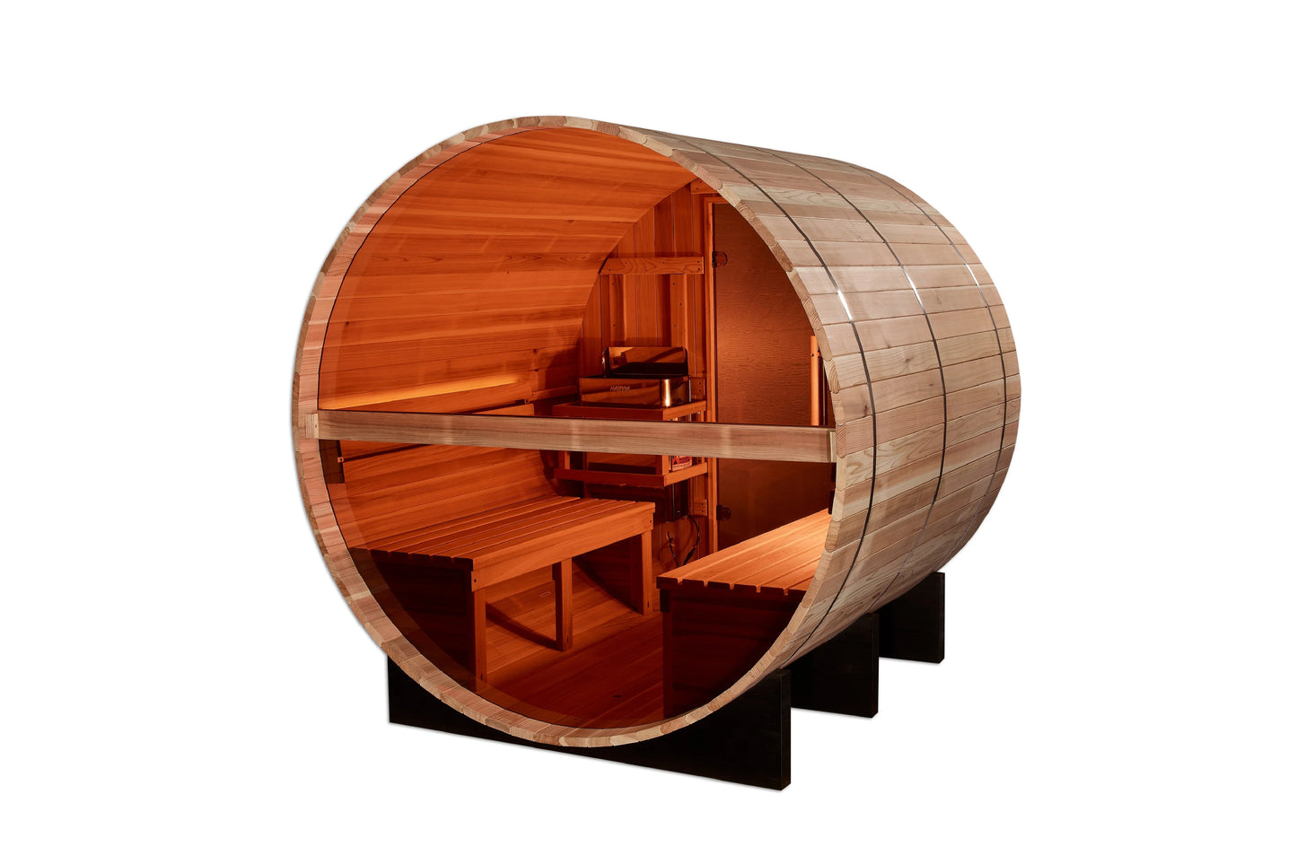 Golden Designs Zurich barrel sauna with cedar wood construction, open door showing interior benches and stove, mounted on bla