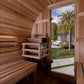 Golden Designs Zurich 4-person barrel sauna interior with cedar wood walls, bench seating, shelf storage, and glass door with