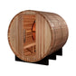 Wooden barrel sauna with cedar construction, open door revealing interior bench seating, mounted on black support frame again