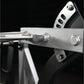 Silver and black assisted Nordic ham machine with adjustable lever and metal frame on black background
