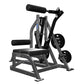 Hammer Strength plate-loaded leg press machine with black handles, seat, and weight plates on white background