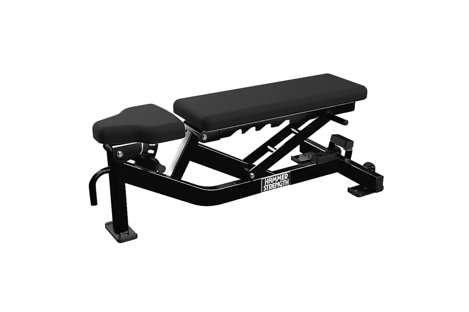Hammer Strength black athletic multi-adjustable weight bench with padded seat and backrest on white background