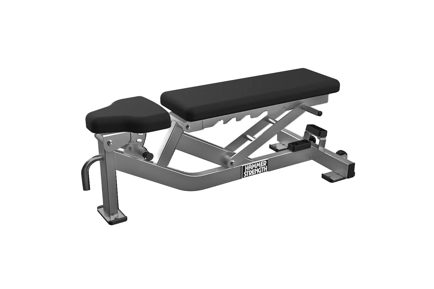 Hammer Strength Athletic Series multi-adjustable weight bench with black padded seat and backrest on silver metal frame