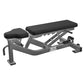 Hammer Strength athletic series multi-adjustable weight bench with black padded seat and backrest, gray metal frame, and leg 