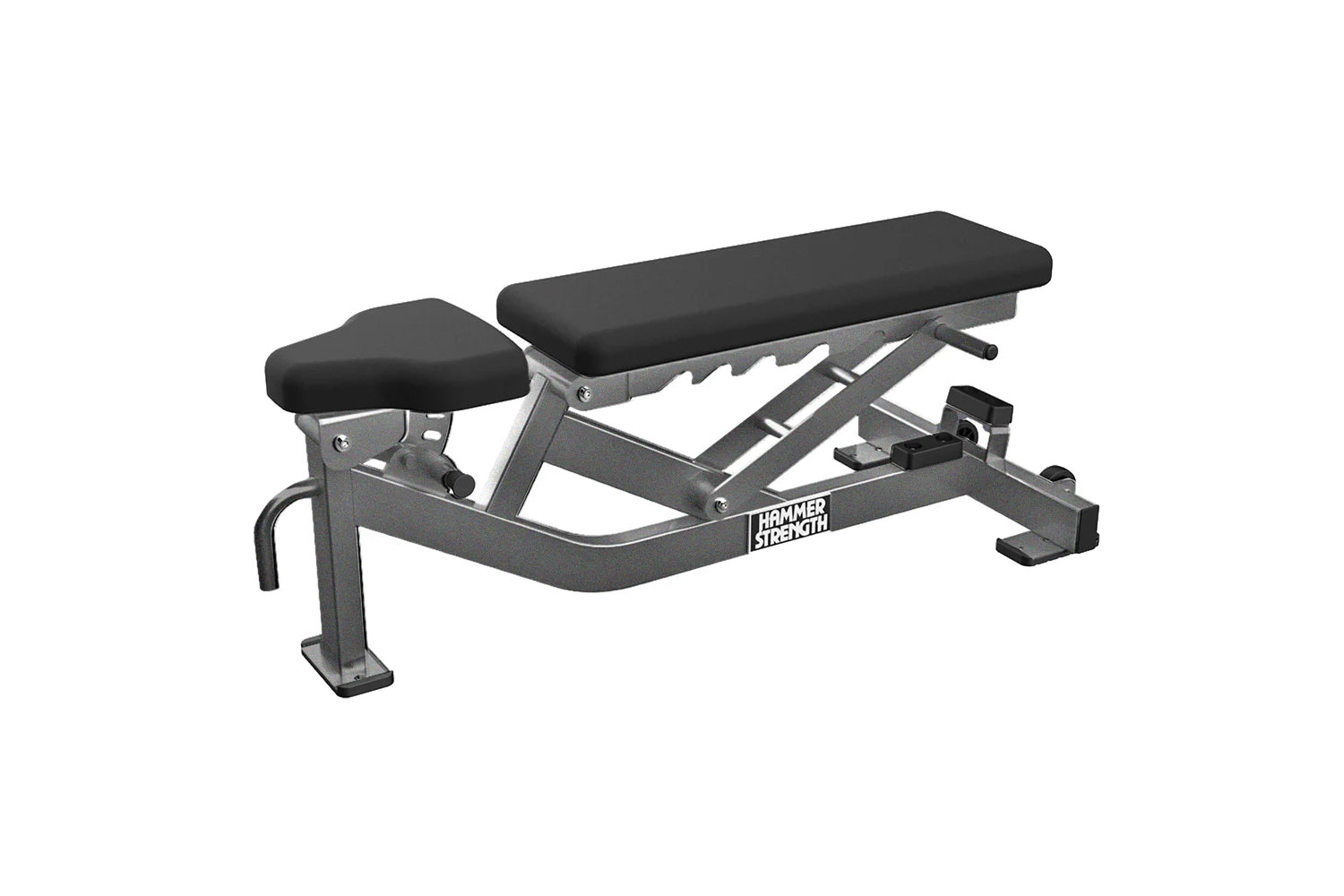 Hammer Strength athletic series multi-adjustable weight bench with black padded seat and backrest, gray metal frame, and leg 
