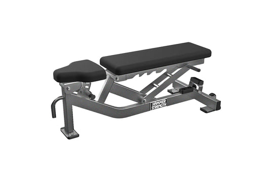 Hammer Strength athletic series multi-adjustable weight bench with black padded seat and backrest, gray metal frame, and leg 