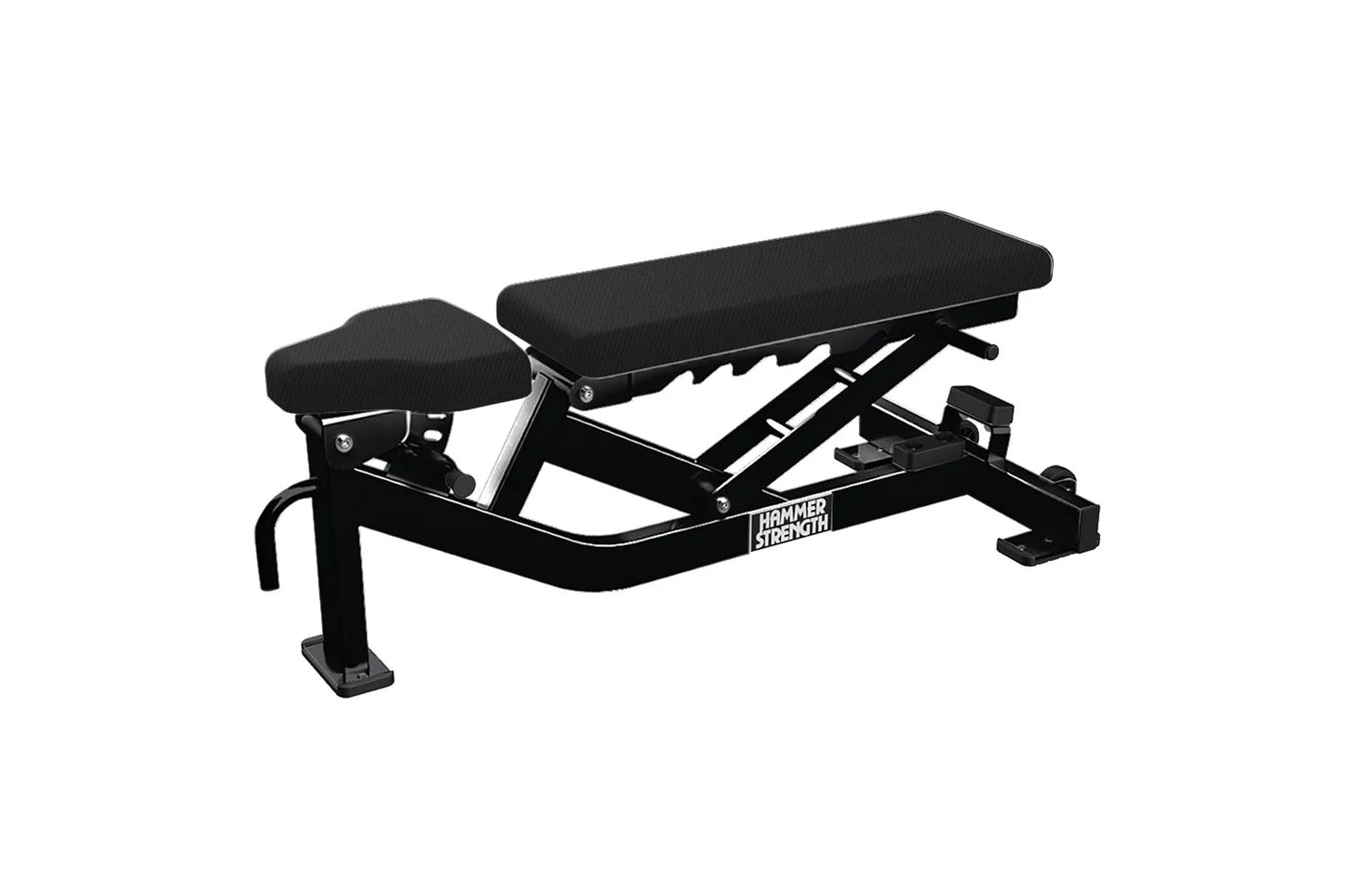 Hammer Strength black weight bench with adjustable backrest and leg extension attachment on white background