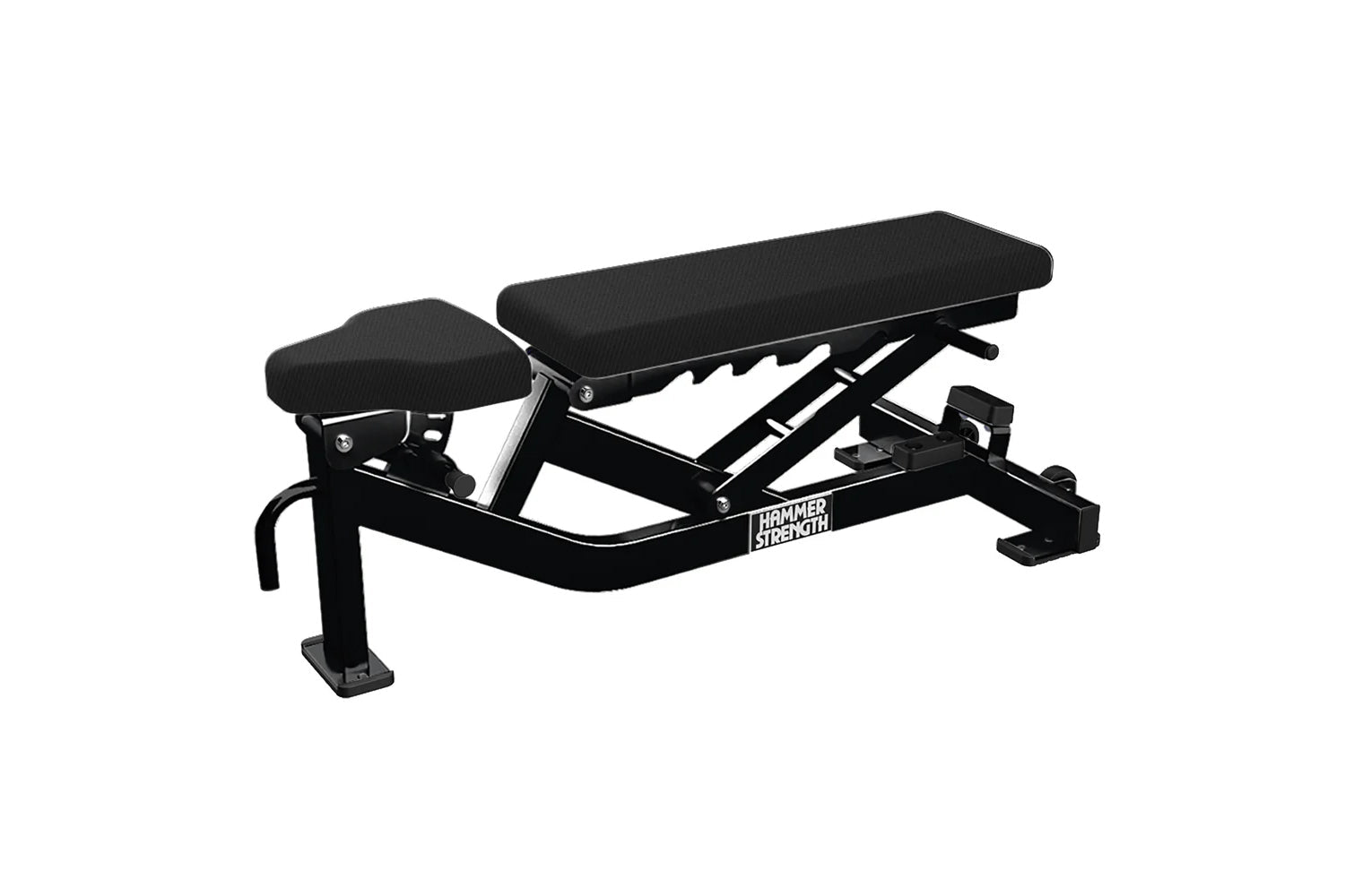 Hammer Strength black weight bench with adjustable backrest and leg extension attachment on white background