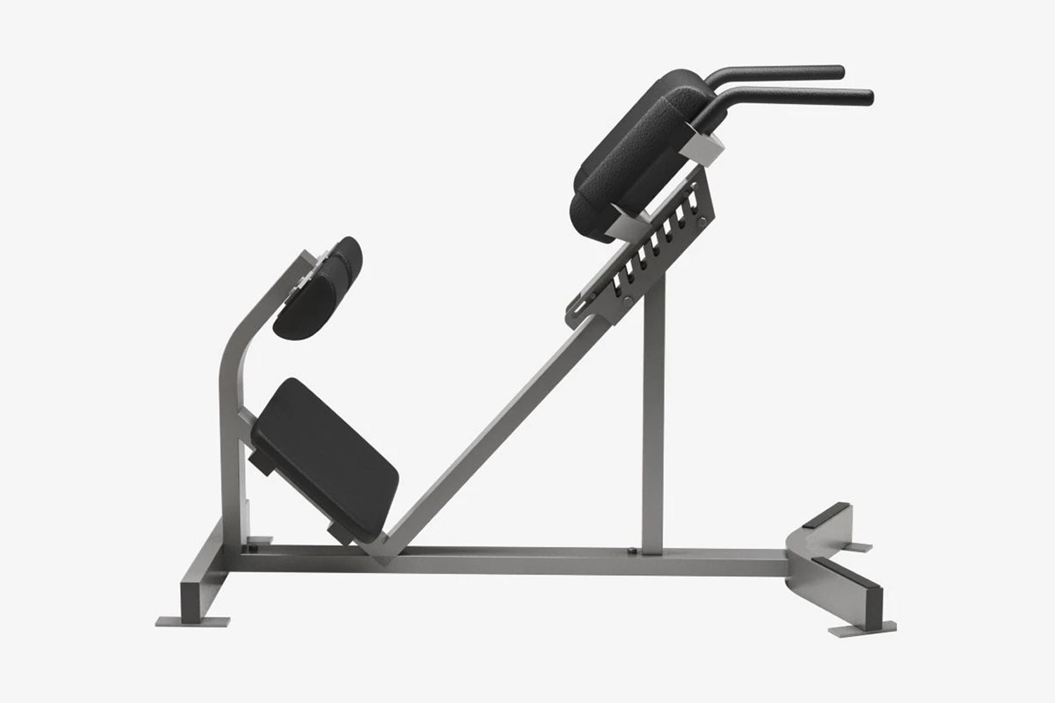 Hammer Strength back extension machine with gray frame, black padded seat and backrest, angled leg press footplate on white b