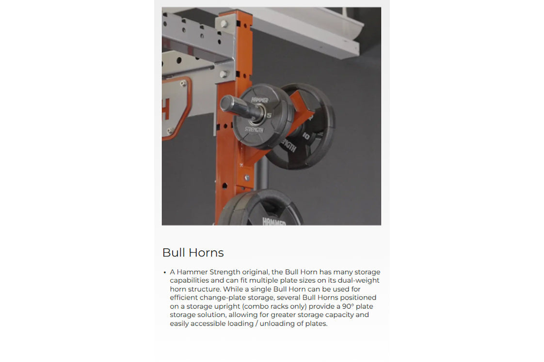 Hammer Strength Bull Horns rack attachment with orange uprights and dual-weight horn structure holding weight plates