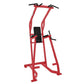 Red and black vertical leg raise machine with chin dip attachment, black handles and foot platform on white background