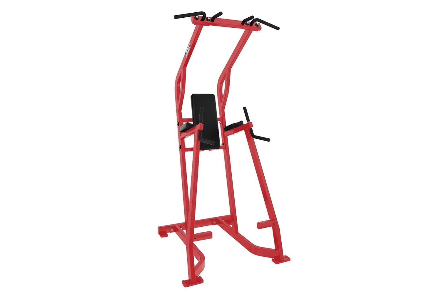 Red and black vertical leg raise machine with chin dip attachment, black handles and foot platform on white background