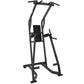 Black metal pull-up station with chin dip and leg raise attachments on white background