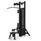 Black cable machine with dual pulldown and row stations, adjustable seat, and weight stack on white background