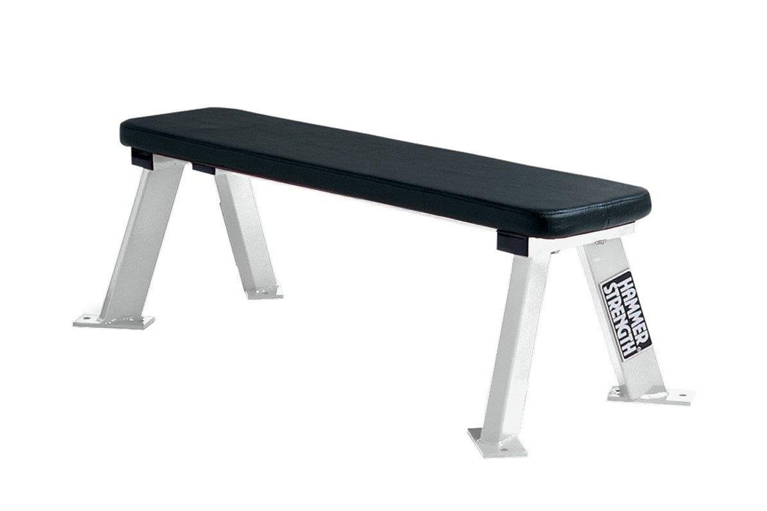 Hammer Strength flat weight bench with black padded seat and white metal frame on white background