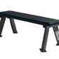 Black vinyl flat weight bench with dark metal A-frame legs on white background