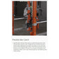 Flexible bar catch attachment with orange steel frame and black straps mounted on power rack with chains