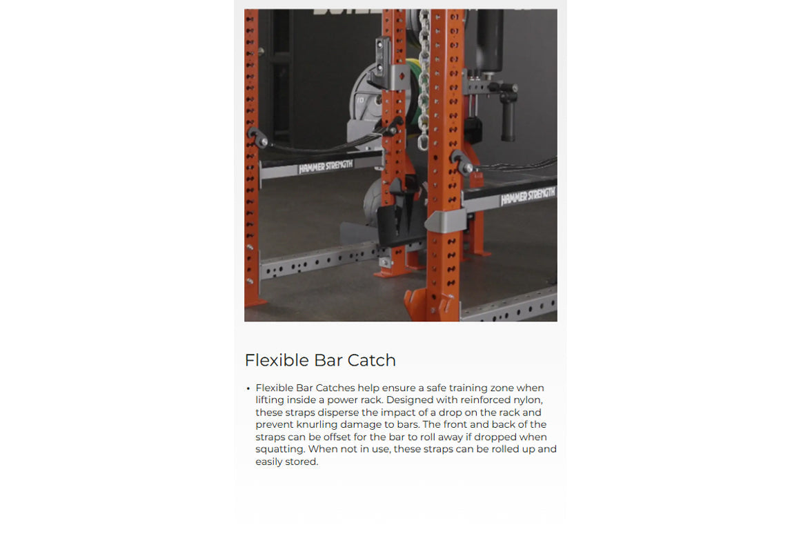 Flexible bar catch attachment with orange steel frame and black straps mounted on power rack with chains
