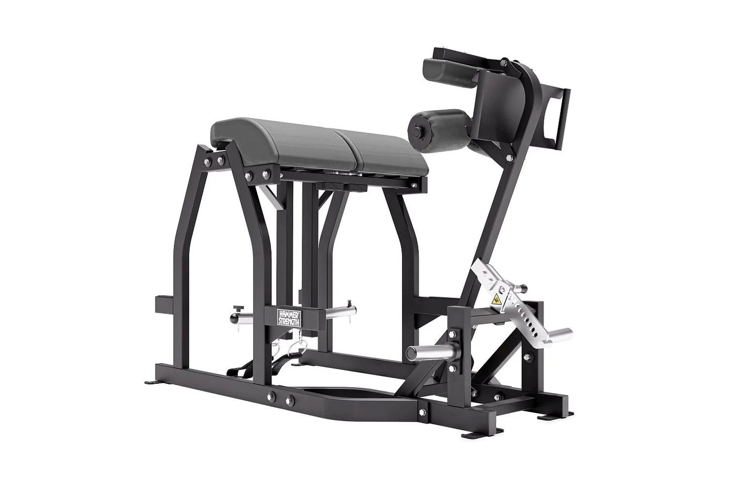 Hammer Strength black glute-ham reverse hyper combo bench machine with padded seat and leg attachment on white background