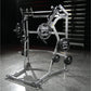 Hammer Strength Ground Base Jammer with white frame, black weight plates labeled 45 pounds, and storage pegs on gym floor