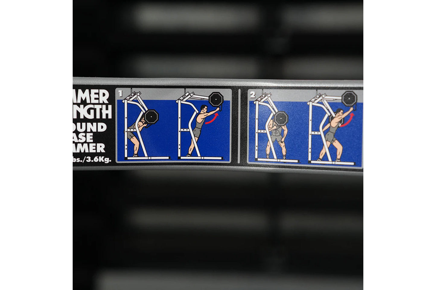 Hammer Strength Ground Base Jammer instruction guide showing four exercise movement steps on blue background panels with illu