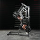 Man using Hammer Strength ground base jammer machine with weighted plates in gym setting