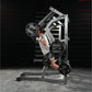 Man using Hammer Strength Ground Base Jammer machine with black weight plates in gym setting