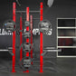 Hammer Strength HD Athletic NX Half Half Combo Rack with red uprights, gray perforated horizontal beams, and multiple black w