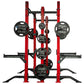 Hammer Strength red and black half combo rack with attached black weight plates labeled Hammer Strength, on white background