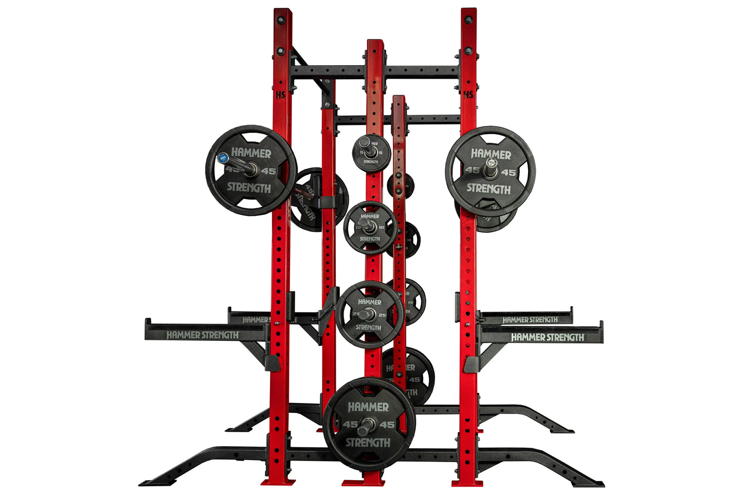 Hammer Strength red and black half combo rack with attached black weight plates labeled Hammer Strength, on white background