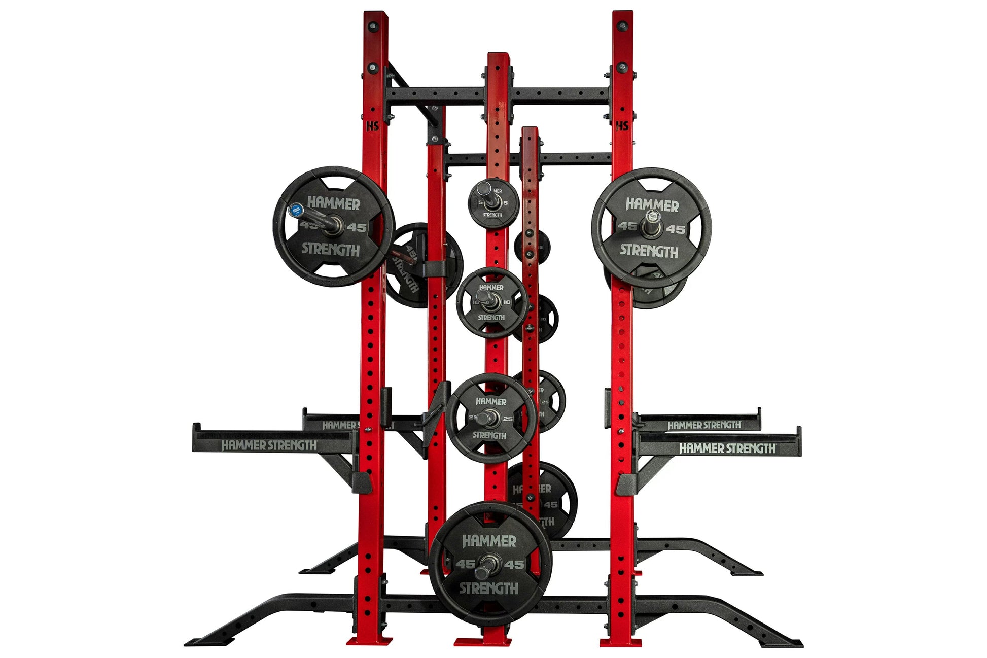 Hammer Strength red and black half combo rack with attached black weight plates labeled Hammer Strength, on white background