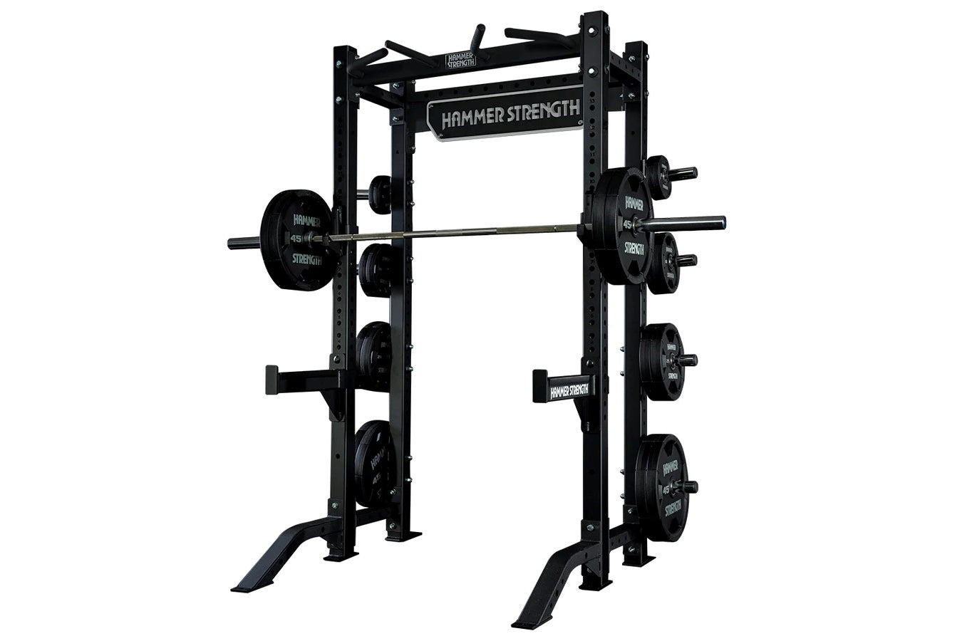 Black Hammer Strength HD half rack with loaded barbells and weight plates on white background