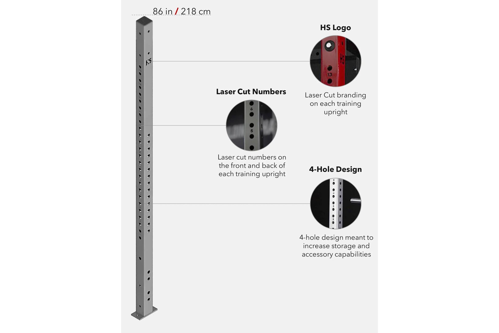 Tall gray steel training upright with evenly spaced holes, 86 inches high, featuring laser-cut numbers, HS logo branding, and