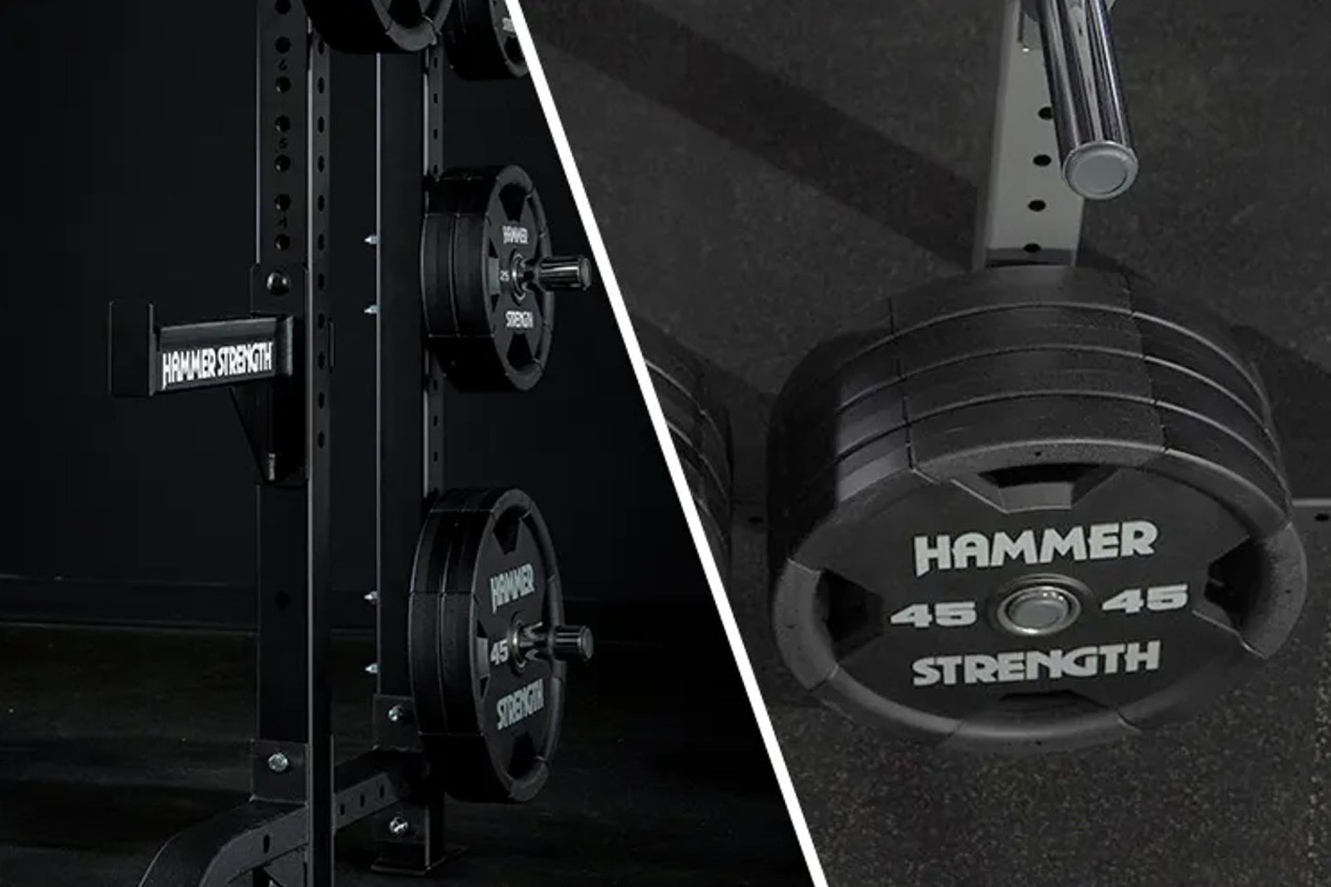 Hammer Strength HD Athletic NX half rack with 45-pound weight plates loaded on bar, black steel construction on dark backgrou