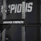 Hammer Strength HD Athletic NX half rack with white text on black horizontal band, silver upright posts with black holes, sho